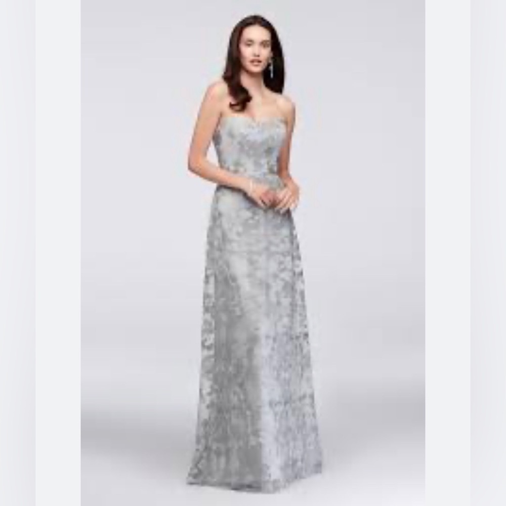 Embroidered Oleg Cassini Long Strapless Silver Dress